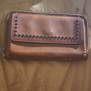 Source Unknown Brown Leather Zip Wallet with Stud Accent